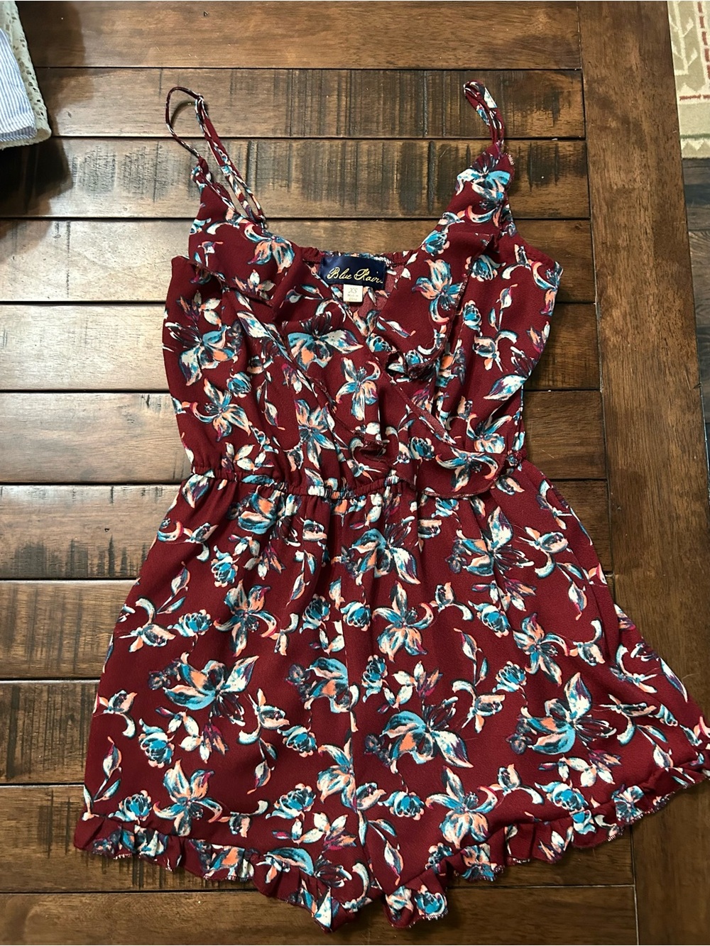 Blue Rain Burgundy Floral Ruffle Romper